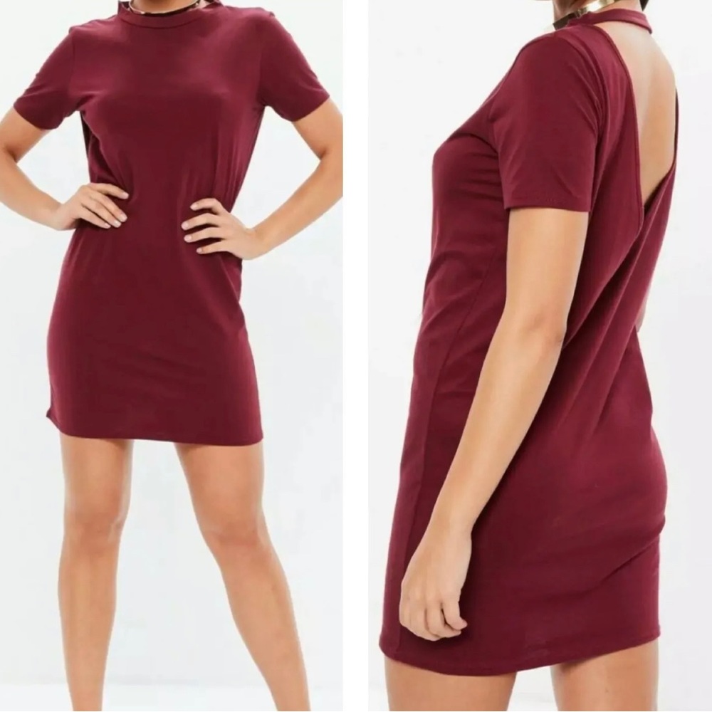 Missguided T-shirt Dress Burgundy Short Sleeve Mini Open-Back Crew Neck UK 8 - Picture 1 of 7
